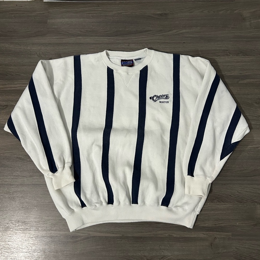 Vintage Crable Sportswear Striped Crewneck Sweatshirt Cheers Boston Embroidered